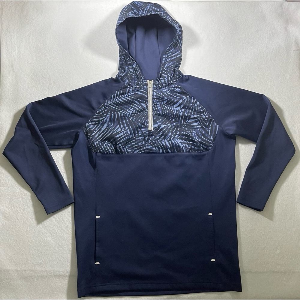 Peter Millar Kids 1/4 Zip Hooded Pullover Navy Leaf Print Large 11-12 Youth